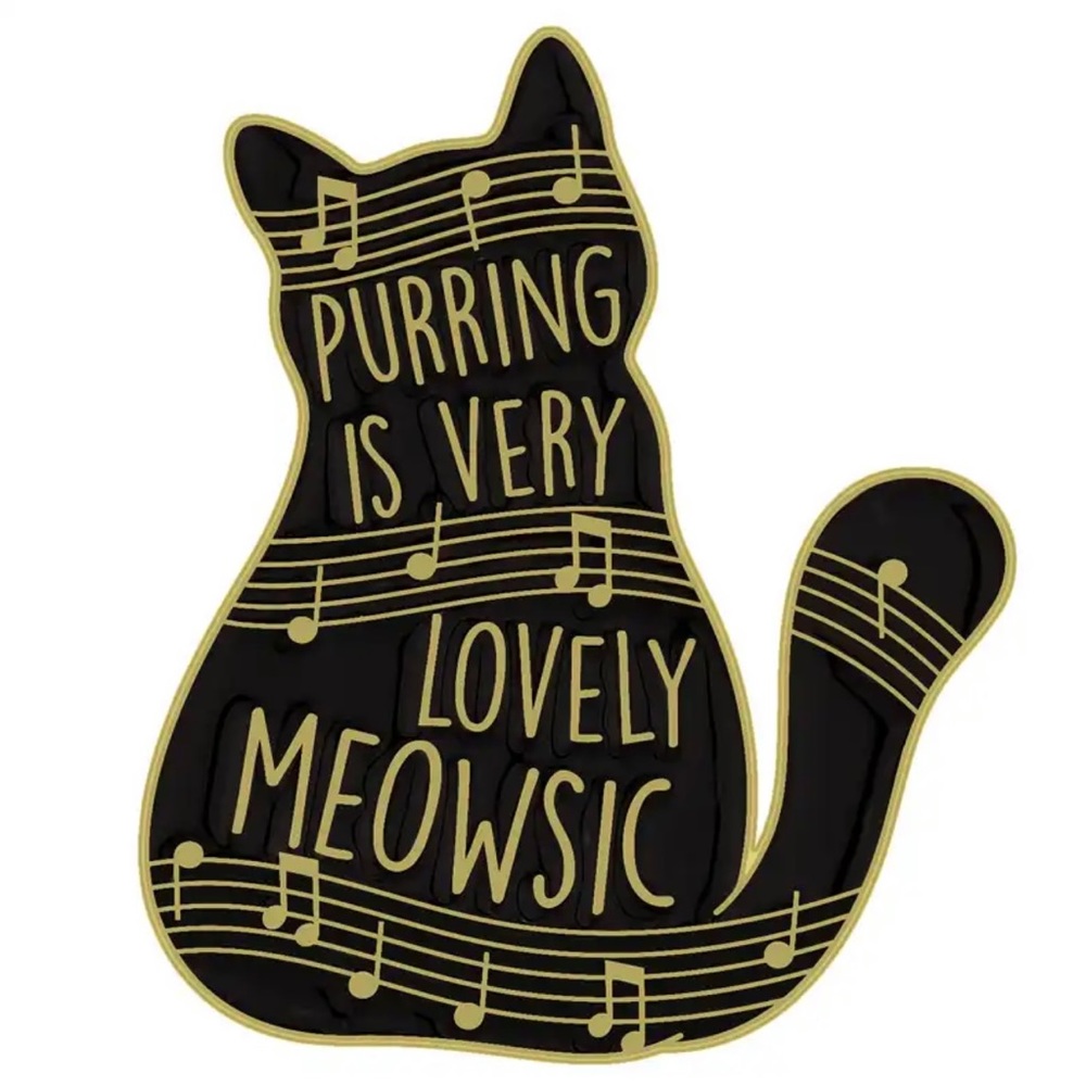 Black & Gold Cat Music Enamel Brooch - Purring Is Very Lovely Meowsic